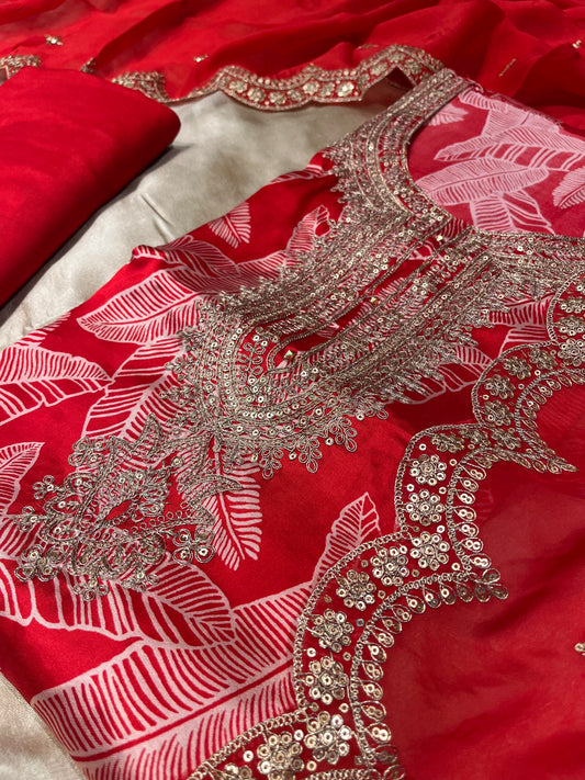 RED COLOUR SATIN SILK PRINTED UNSTITCHED SUIT WITH ORGANZA DUPATTA EMBELLISHED WITH SEQUINS WORK