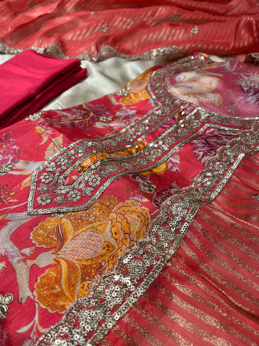 ( DELIVERY IN 25 DAYS ) GAJARI COLOUR CHINON PRINTED UNSTITCHED SUIT WITH ORGANZA TISSUE DUPATTA EMBELLISHED WITH SEQUINS & ZARI WORK
