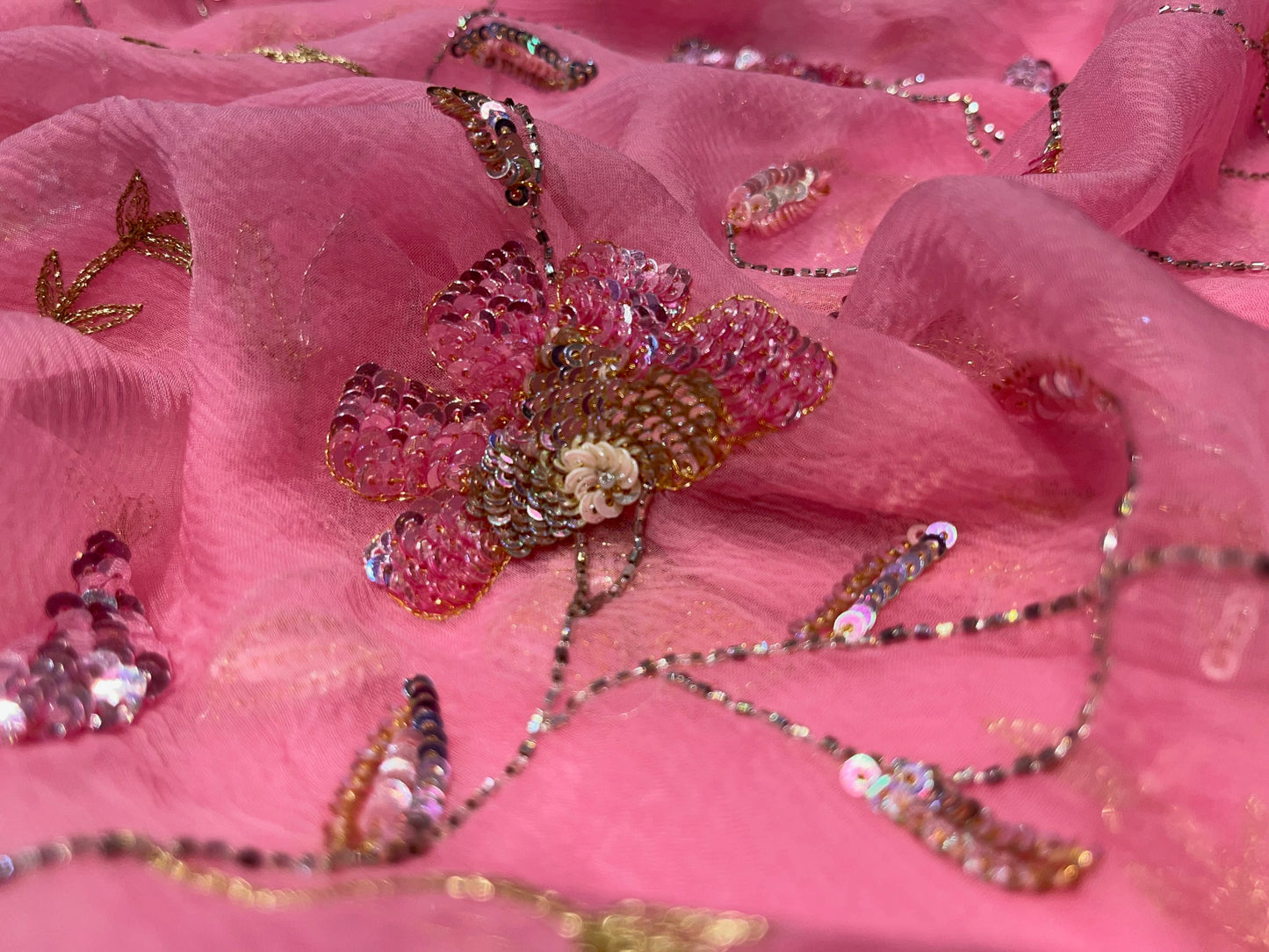 PINK COLOUR PURE CHIFFON HAND EMBROIDERED SAREE EMBELLISHED WITH SEQUINS & CUTDANA WORK