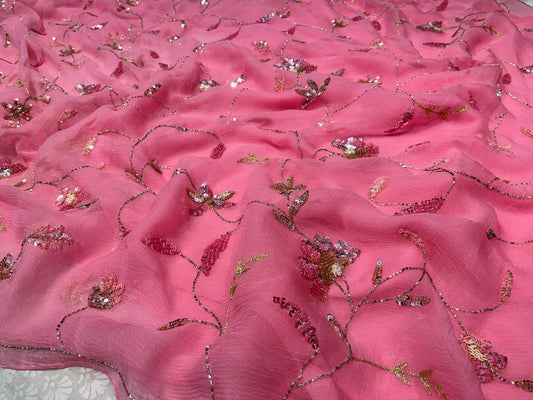 PINK COLOUR PURE CHIFFON HAND EMBROIDERED SAREE EMBELLISHED WITH SEQUINS & CUTDANA WORK