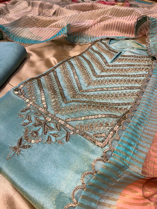 AQUA COLOR LAMIA TISSUE UNSTITCHED SUIT WITH ORGANZA TISSUE DUPATTA EMBELLISHED WITH KASAB EMBROIDERY