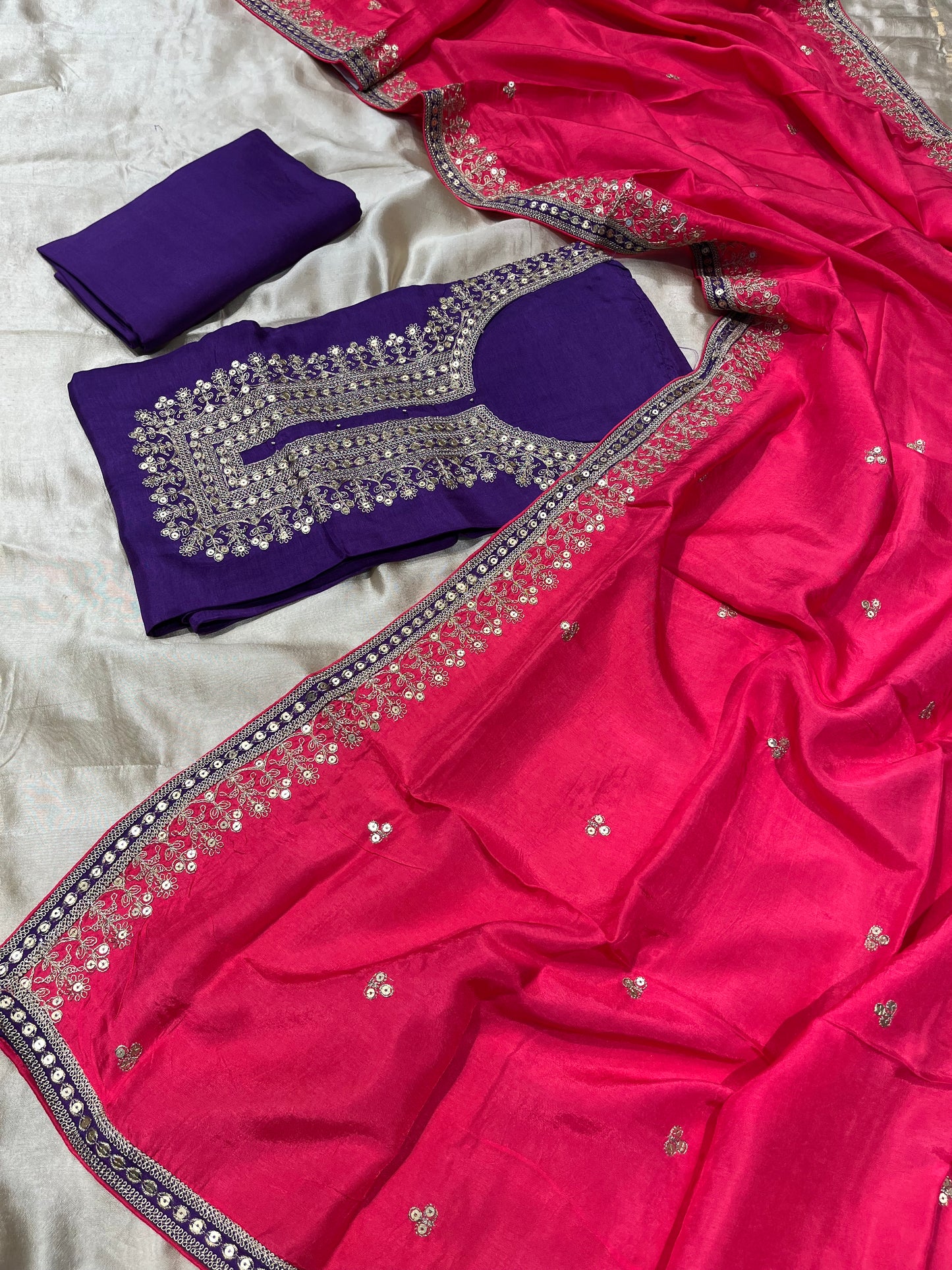 VIOLET COLOUR DOLA SILK UNSTITCHED SUIT WITH CONTRAST DUPATTA EMBELLISHED WITH KASAB EMBROIDERY