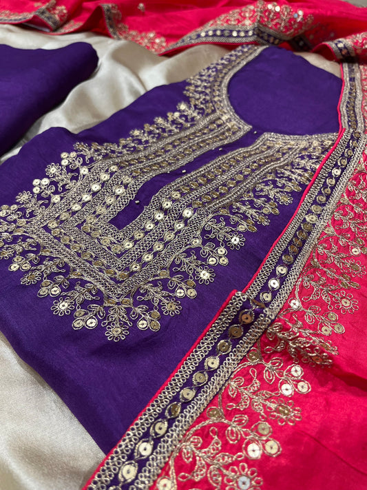 VIOLET COLOUR DOLA SILK UNSTITCHED SUIT WITH CONTRAST DUPATTA EMBELLISHED WITH KASAB EMBROIDERY
