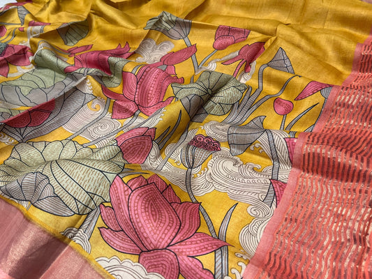 (DELIVERY IN 25 DAYS) MUSTARD COLOUR TUSSAR SILK PRINTED SAREE WITH ZARI BORDER