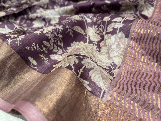 (DELIVERY IN 25 DAYS) PURPLE COLOUR TUSSAR SILK PRINTED SAREE WITH ZARI BORDER