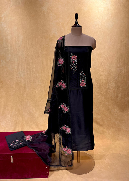 ( DELIVERY IN 25 DAYS ) BLACK COLOR CHANDERI SILK DRESS MATERIALS WITH ORGANZA DUPATTA EMBELLISHED WITH CROSS STITCHED & CUTDANA WORK