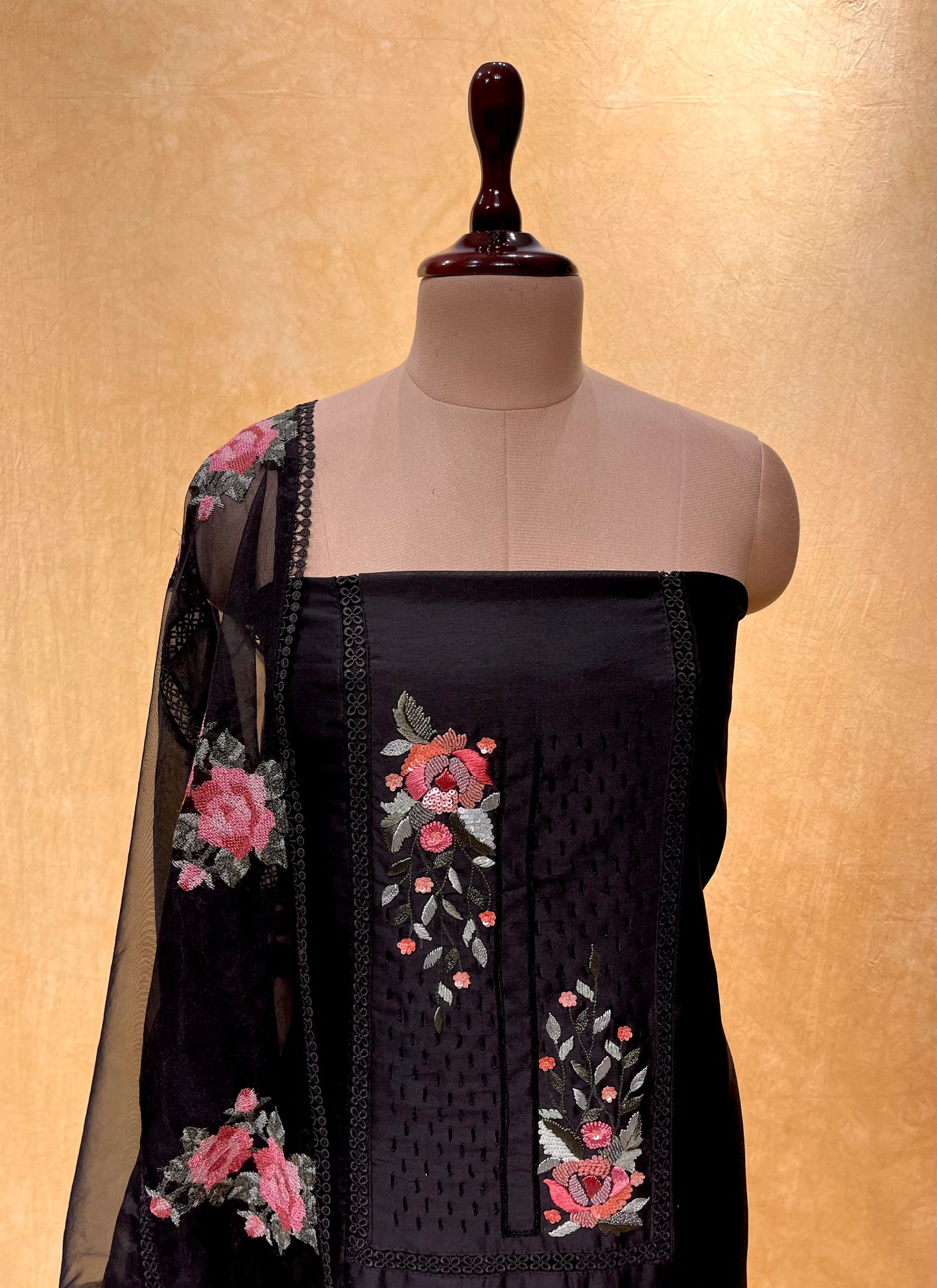 ( DELIVERY IN 25 DAYS ) BLACK COLOR CHANDERI SILK DRESS MATERIALS WITH ORGANZA DUPATTA EMBELLISHED WITH CROSS STITCHED & CUTDANA WORK