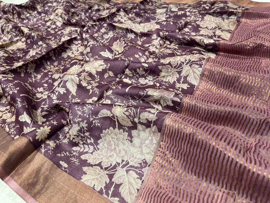 (DELIVERY IN 25 DAYS) PURPLE COLOUR TUSSAR SILK PRINTED SAREE WITH ZARI BORDER