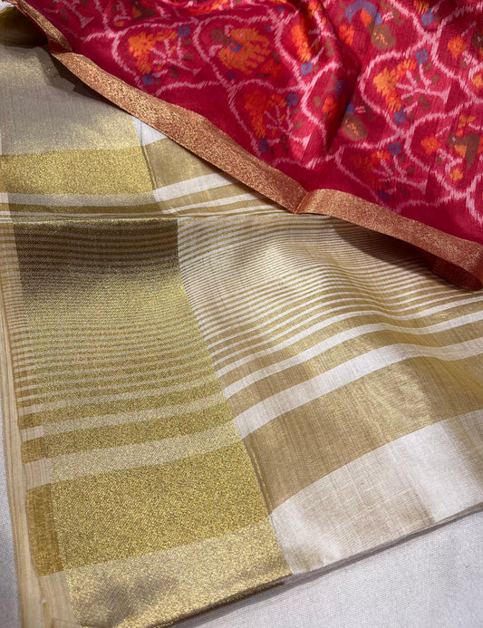 IVORY COLOUR ART TUSSAR SILK SAREE WITH CONTRAST PATOLA UNSTITCHED BLOUSE - Kothari Sons