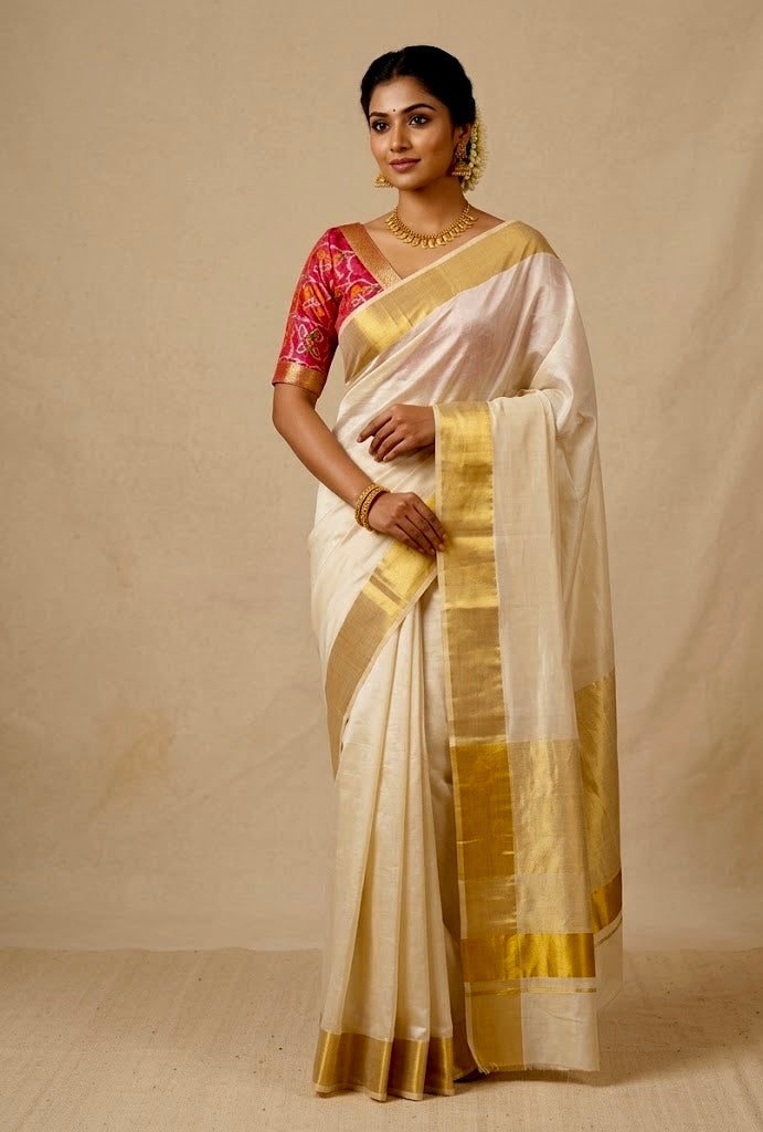 IVORY COLOUR ART TUSSAR SILK SAREE WITH CONTRAST PATOLA UNSTITCHED BLOUSE - Kothari Sons
