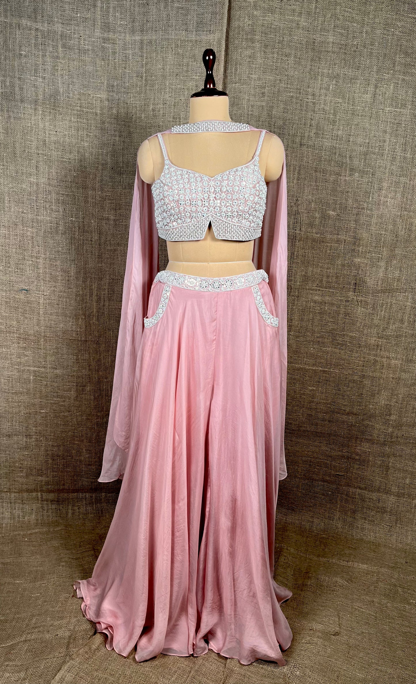 PINK COLOR ORGANZA CROP TOP WITH PLAZZO  EMBROIDERED & DUPATTA EMBELLISHED WITH PEARL, SEQUINS & CUTDANA WORK