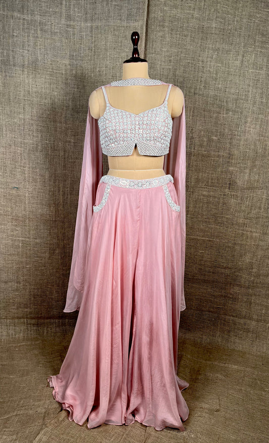 PINK COLOR ORGANZA CROP TOP WITH PLAZZO  EMBROIDERED & DUPATTA EMBELLISHED WITH PEARL, SEQUINS & CUTDANA WORK