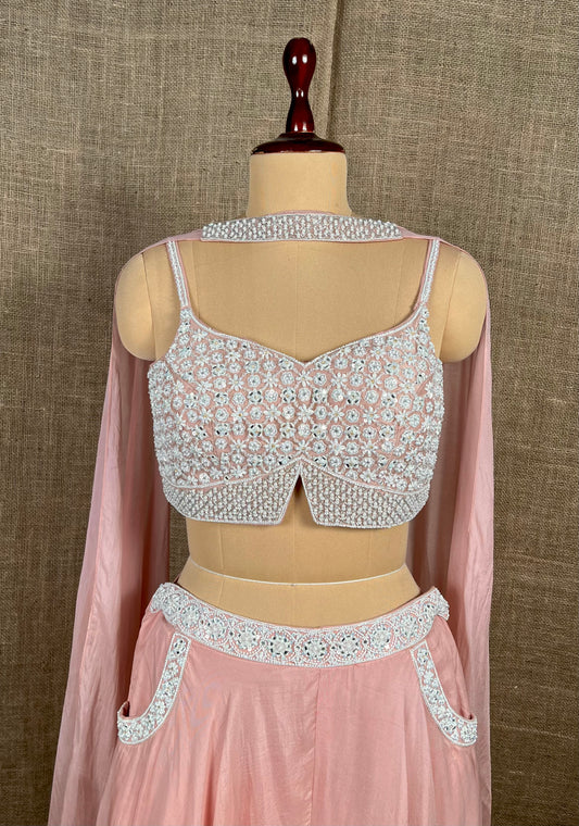 PINK COLOR ORGANZA CROP TOP WITH PLAZZO  EMBROIDERED & DUPATTA EMBELLISHED WITH PEARL, SEQUINS & CUTDANA WORK