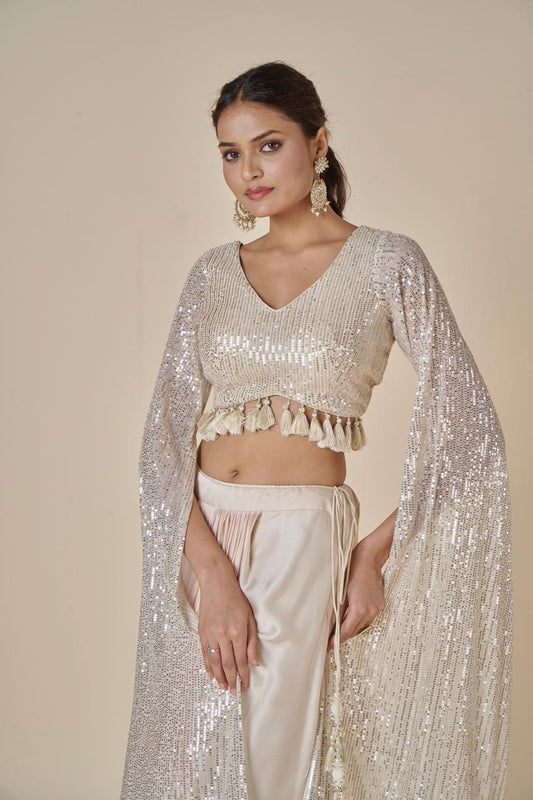 ( DELIVERY IN 20-25 DAYS ) IVORY COLOUR INDOWESTERN DRESS  SEQUINS CROP TOP WITH DRAPE SKIRT