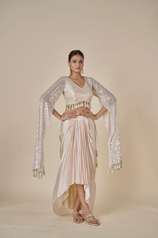 ( DELIVERY IN 20-25 DAYS ) IVORY COLOUR INDOWESTERN DRESS  SEQUINS CROP TOP WITH DRAPE SKIRT