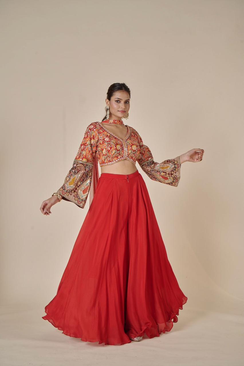 ORANGE COLOUR INDOWESTERN DRESS PALAZZO WITH EMBROIDERED CROP TOP