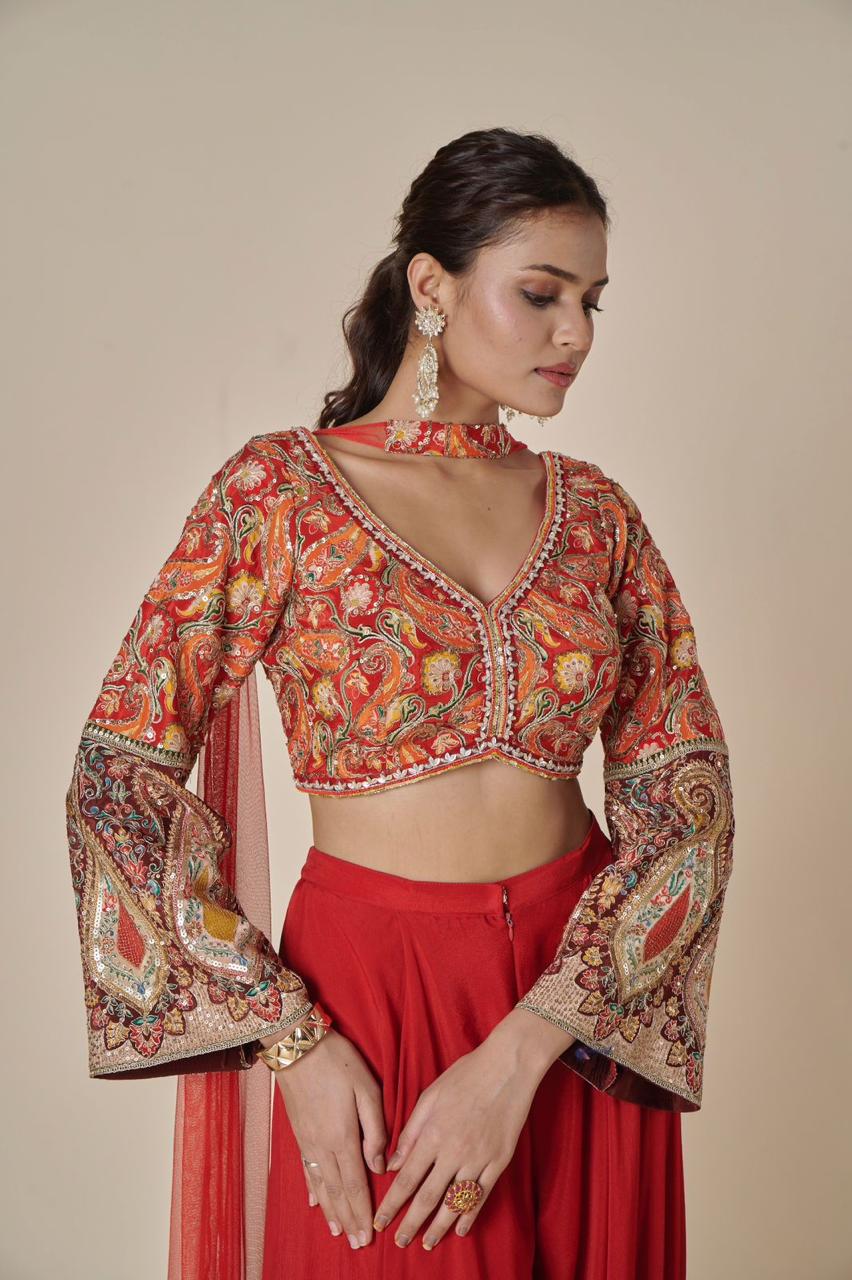 ORANGE COLOUR INDOWESTERN DRESS PALAZZO WITH EMBROIDERED CROP TOP