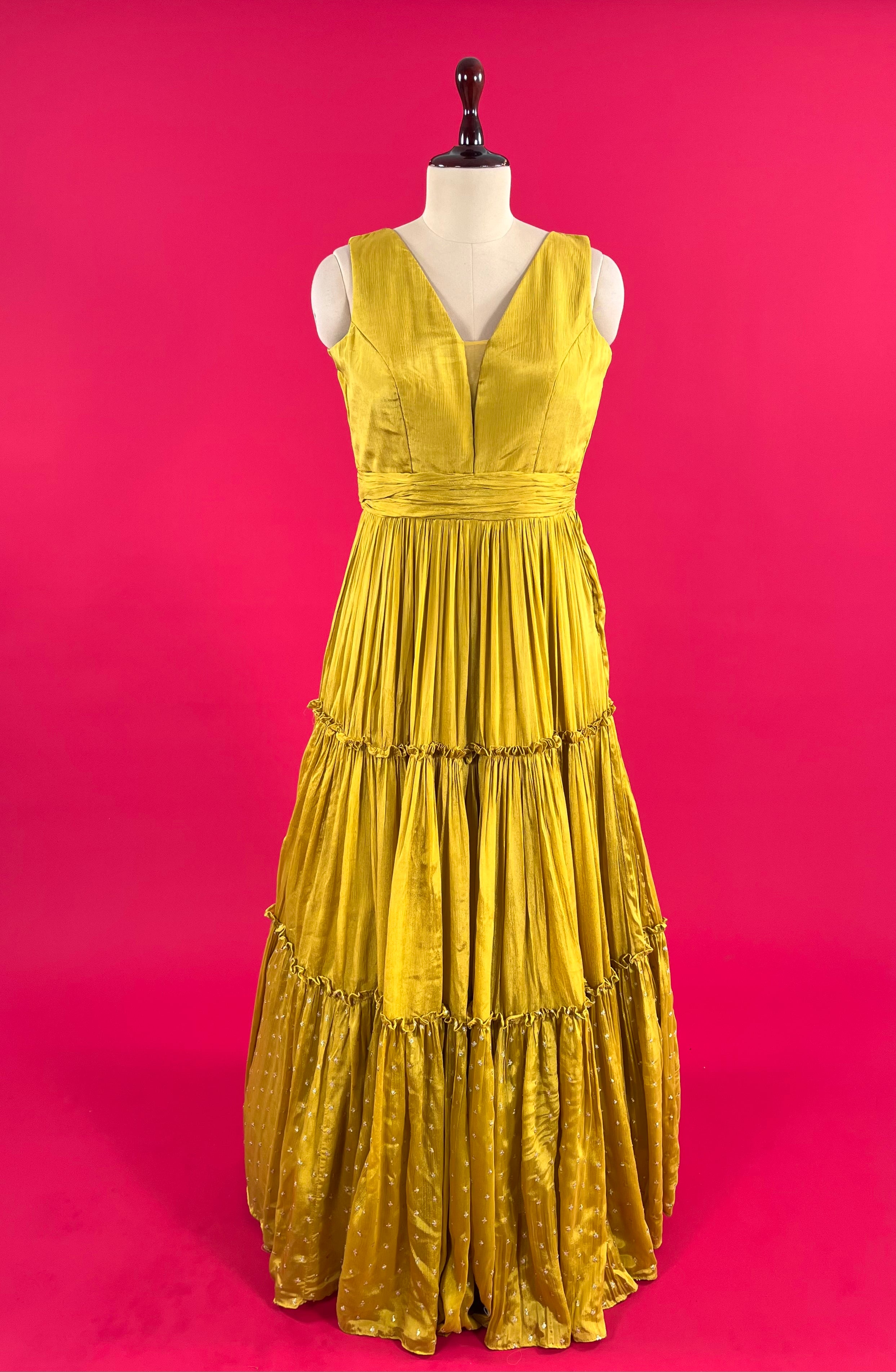 Women's Pearl LaceCrepe Sheer Net & Lace Back Detail Maxi Gown Dress ( Mehendi  Green)