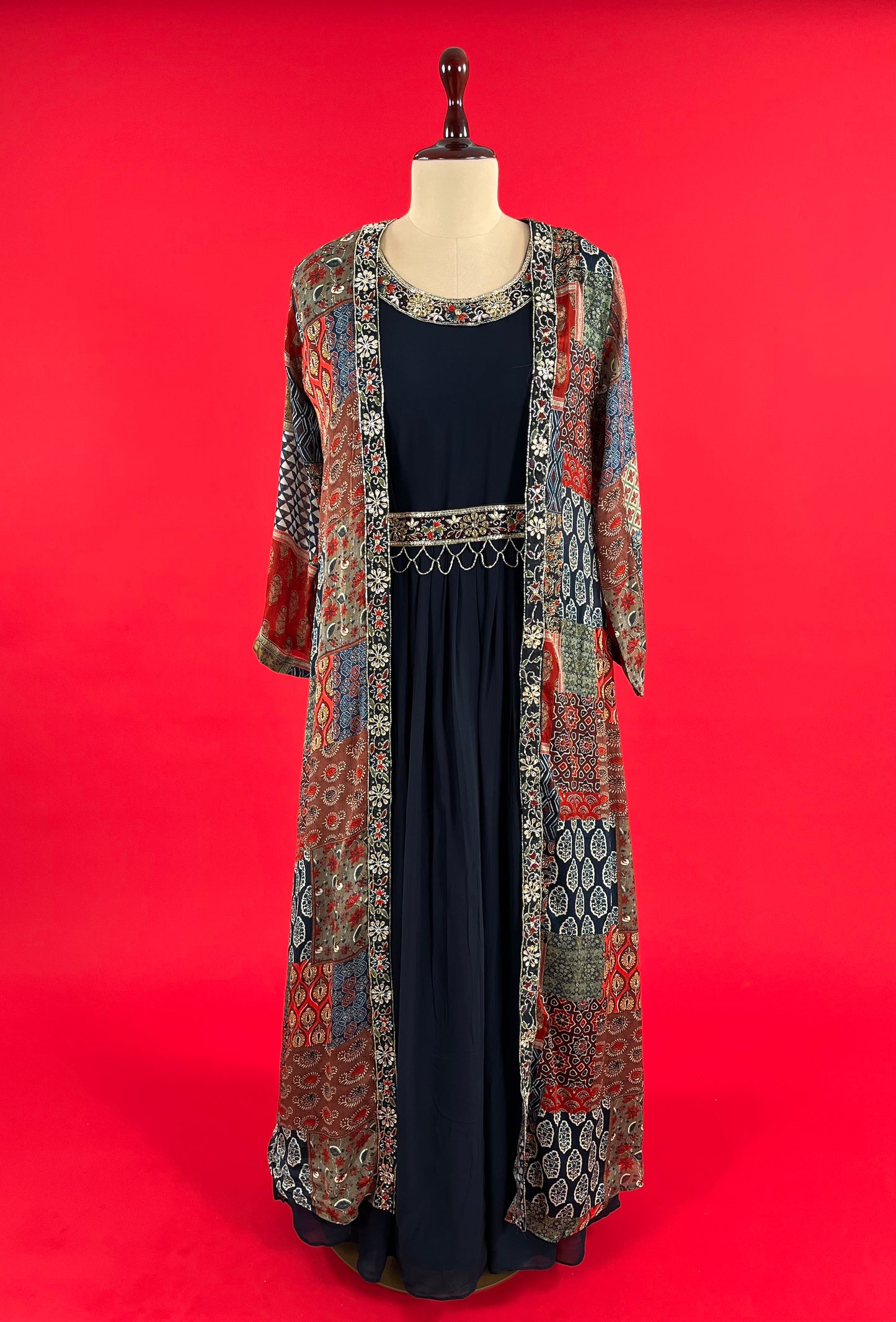 BLACK COLOUR GEORGETTE GOWN WITH LONG PRINTED SHRUG EMBELLISHED WITH CUTDANA WORK