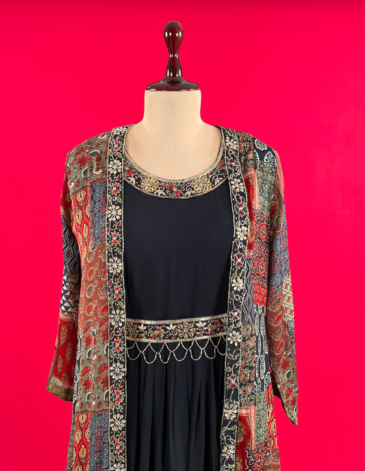 BLACK COLOUR GEORGETTE GOWN WITH LONG PRINTED SHRUG EMBELLISHED WITH CUTDANA WORK