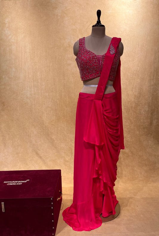 PINK COLOR INDOWESTERN  SPECIAL SAREE FOR KARVA CHAUTH WITH READYMADE BLOUSE EMBELLISHED WITH MIRROR, CUTDANA & SEQUINS WORK
