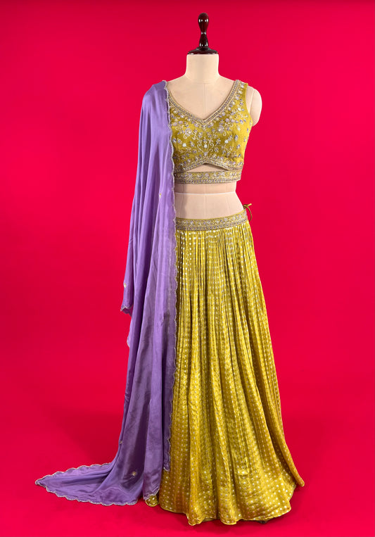MEHANDI GREEN COLOUR CHINON SKIRT WITH CROP TOP BLOUSE WITH CONTRAST DUPATTA EMBELLISHED WITH CUTDANA, SEQUINS & THREAD WORK