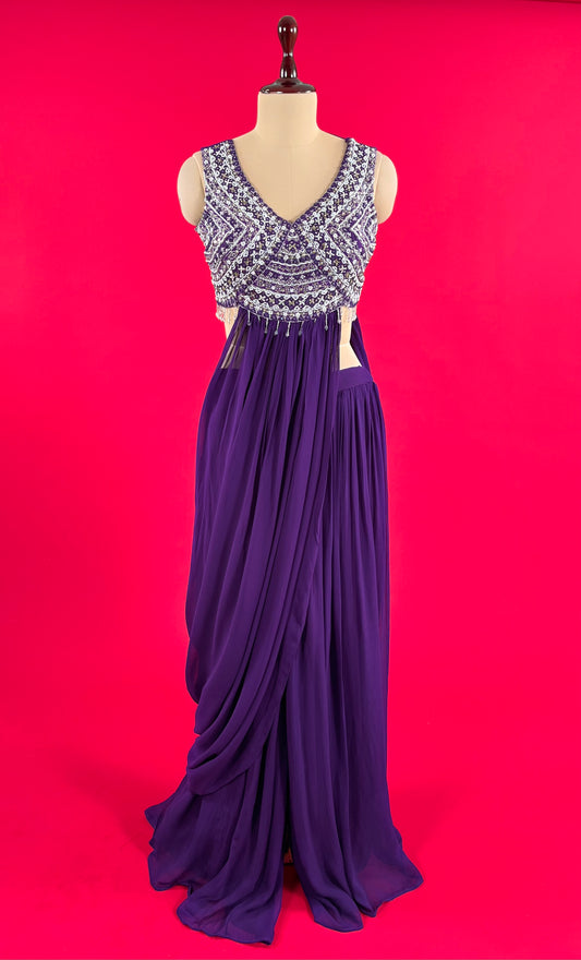 PURPLE COLOUR GEORGETTE FLARED PALAZZO PANT WITH DRAP CROP TOP BLOUSE EMBELLISHED WITH CUTDANA & MIRROR WORK