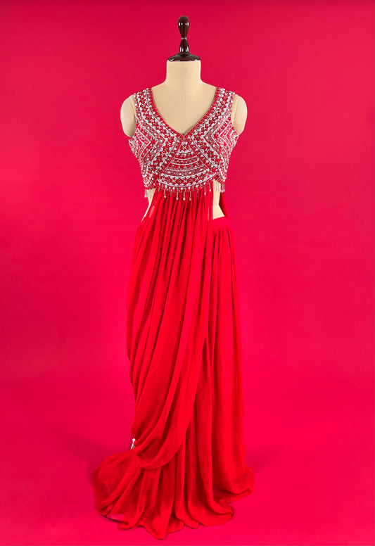 RED COLOUR GEORGETTE INDOWESTERN FLARED PALAZZO PANT WITH DRAP CROP TOP EMBELLISHED WITH CUTDANA & SEQUINS WORK
