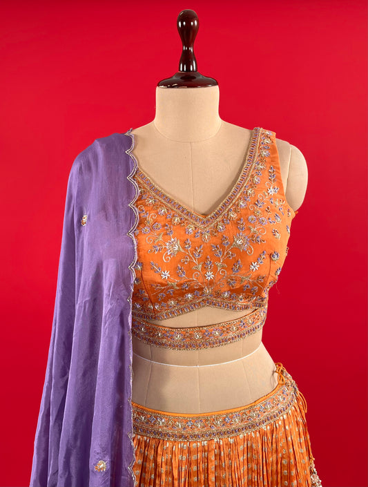ORANGE COLOUR CHINON SKIRT WITH CROP TOP BLOUSE WITH CONTRAST DUPATTA EMBELLISHED WITH CUTDANA, SEQUINS & THREAD WORK
