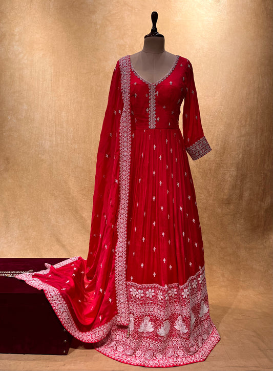 ESPECIALLY FOR KARWA CHAUTH -GAJARI COLOUR CHINON EMBROIDERED ANARKALI SUIT EMBELLISHED WITH THREAD & SEQUINS WORK