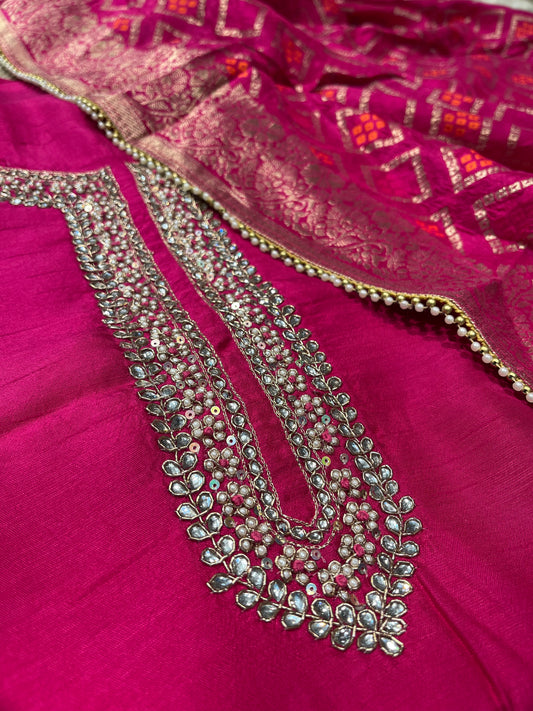 HOT PINK COLOUR DOLA SILK UNSTITCHED SUIT WITH BANARASI DUPATTA EMBELLISHED WITH PEARL & ZARDOZI WORK