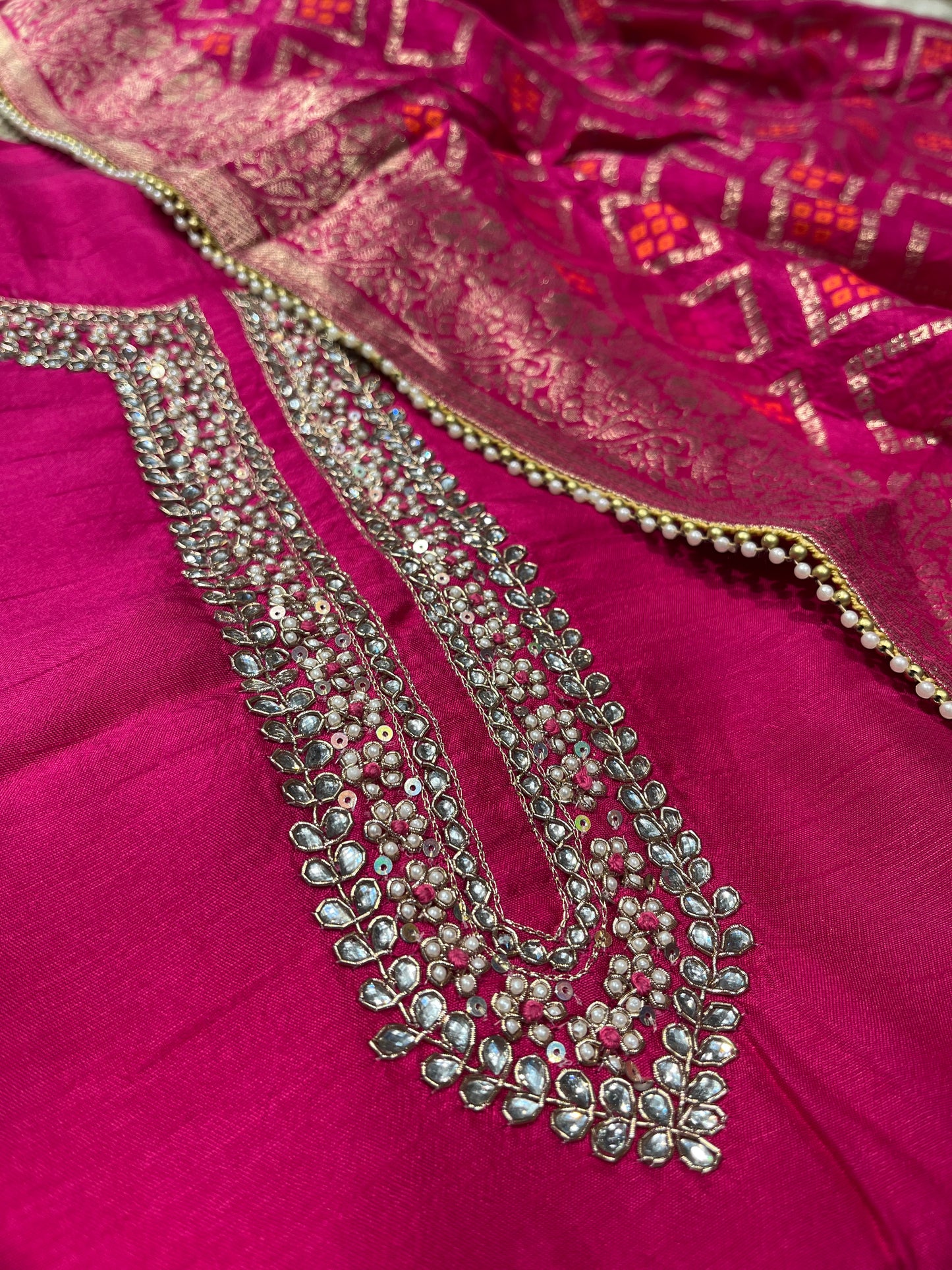 HOT PINK COLOUR DOLA SILK UNSTITCHED SUIT WITH BANARASI DUPATTA EMBELLISHED WITH PEARL & ZARDOZI WORK