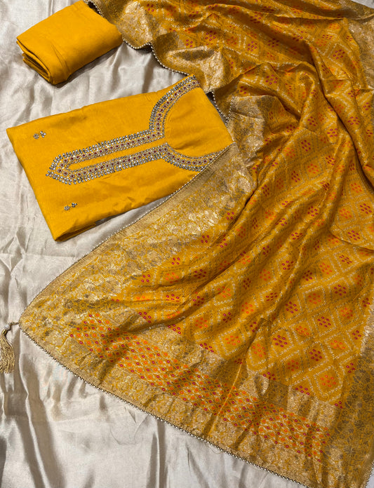 YELLOW COLOUR DOLA SILK UNSTITCHED SUIT WITH BANARASI DUPATTA EMBELLISHED WITH PEARL & ZARDOZI WORK