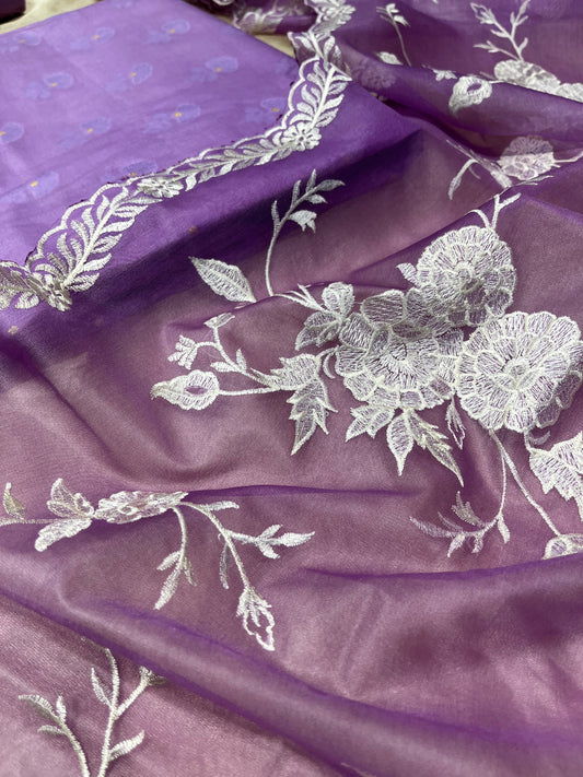 PURPLE COLOUR CHANDERI SILK UNSTITCHED SUIT WITH ORGANZA EMBROIDERED DUPATTA EMBELLISHED WITH RESHAM EMBROIDERY