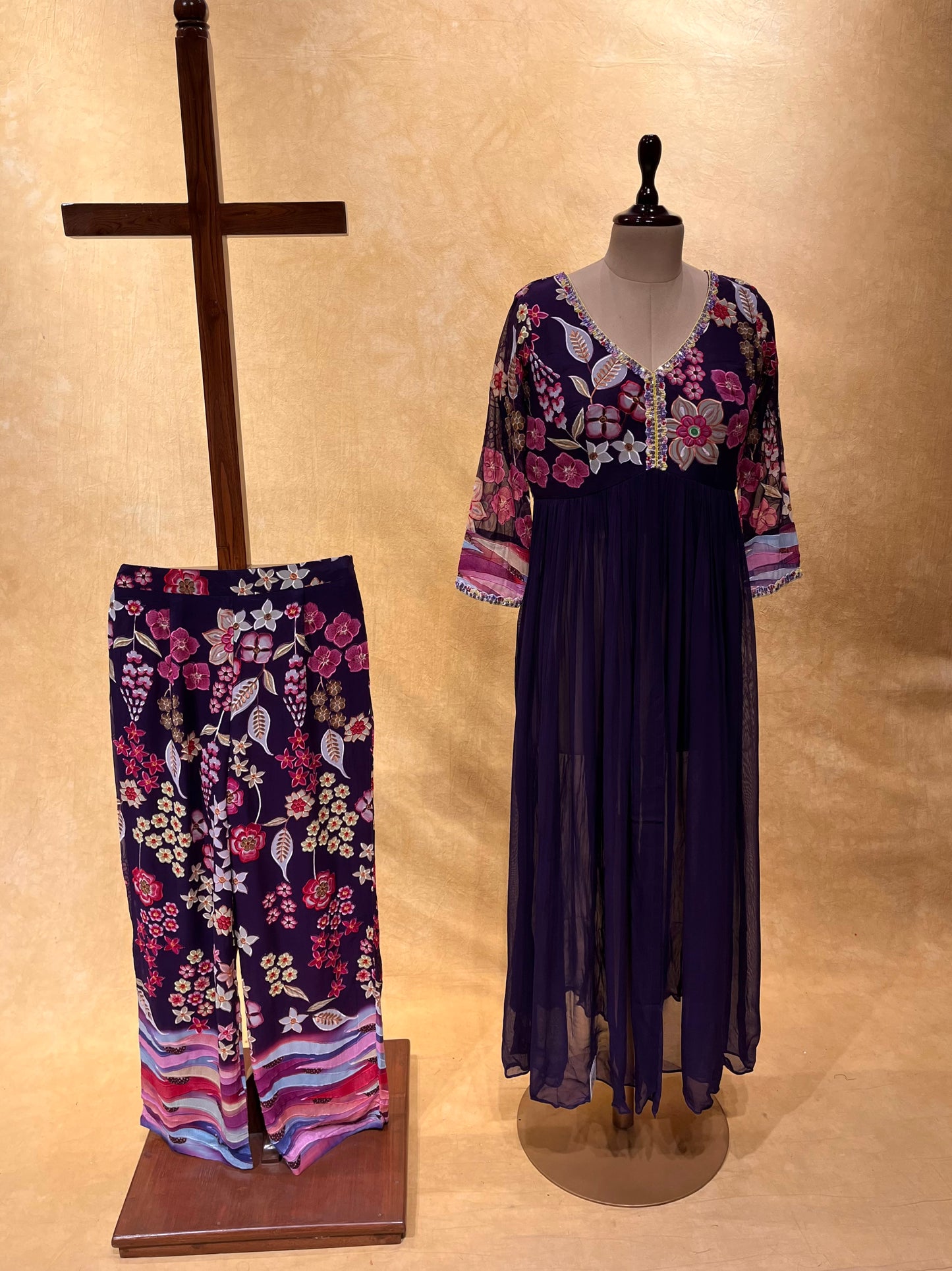 ( DELIVERY IN 30 DAYS ) PURPLE COLOUR NAIRA CUT DRESS - GEORGETTE SIDE & FRONT SLIT WITH KURTA & PANT