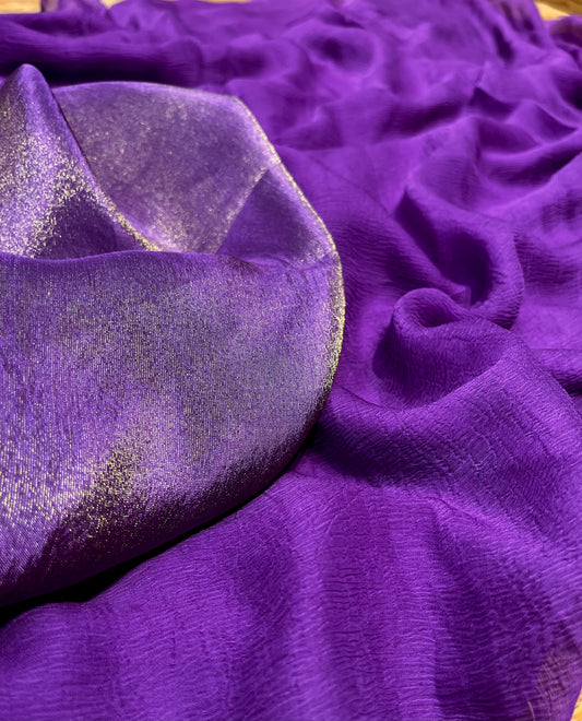 PURPLE COLOUR CHIFFON SAREE WITH CREPE TISSUE UNSTITCHED BLOUSE
