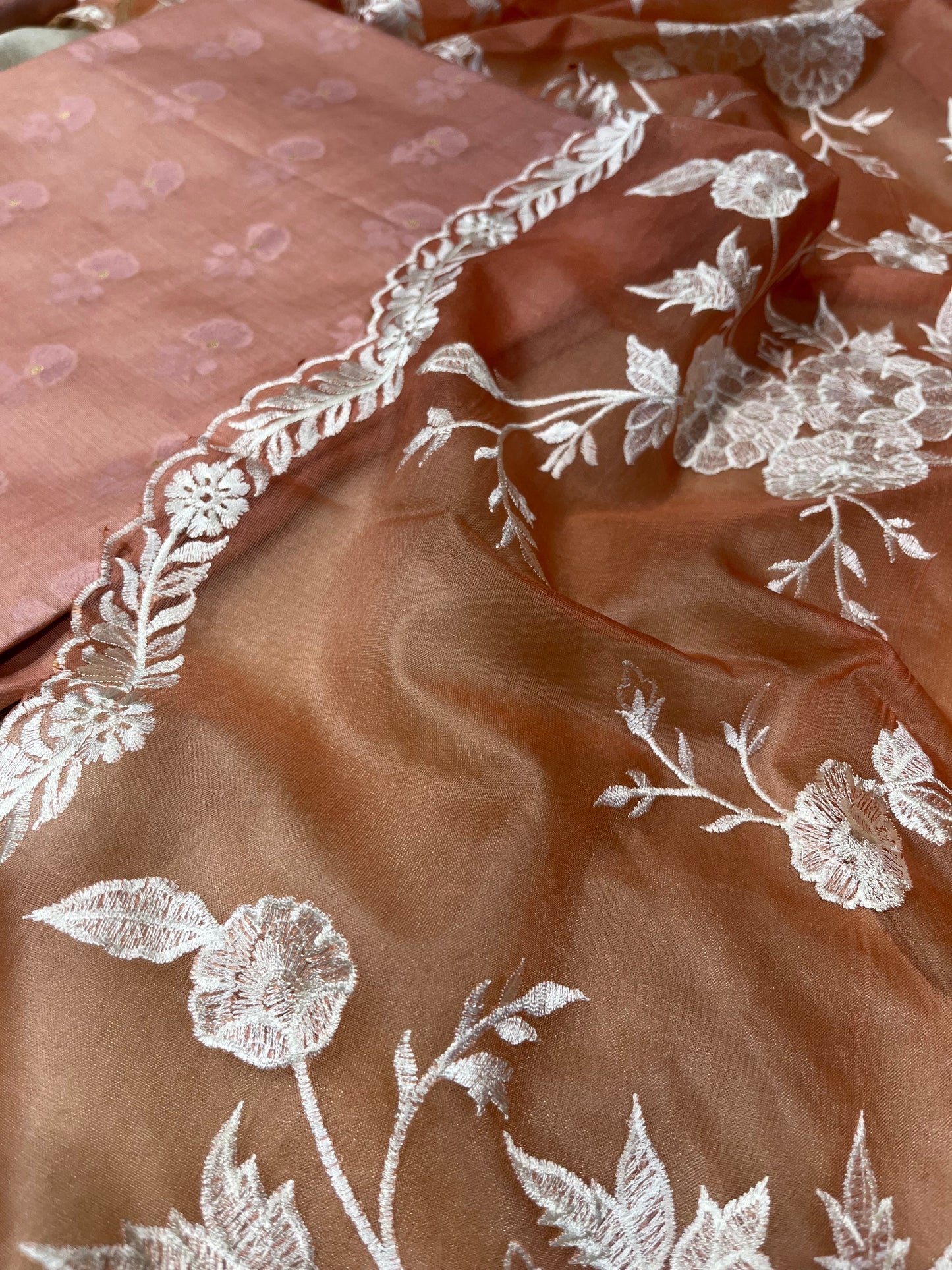 PEACH BLUSH COLOUR CHANDERI SILK UNSTITCHED SUIT WITH ORGANZA EMBROIDERED DUPATTA EMBELLISHED WITH RESHAM EMBROIDERY