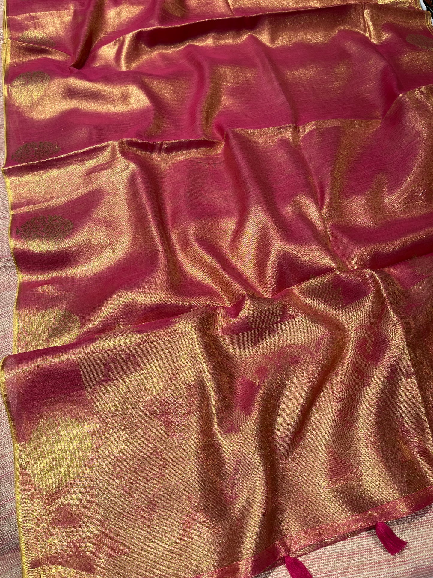 PINK COLOUR COTTON TISSUE SAREE EMBELLISHED WITH ZARI BUTA