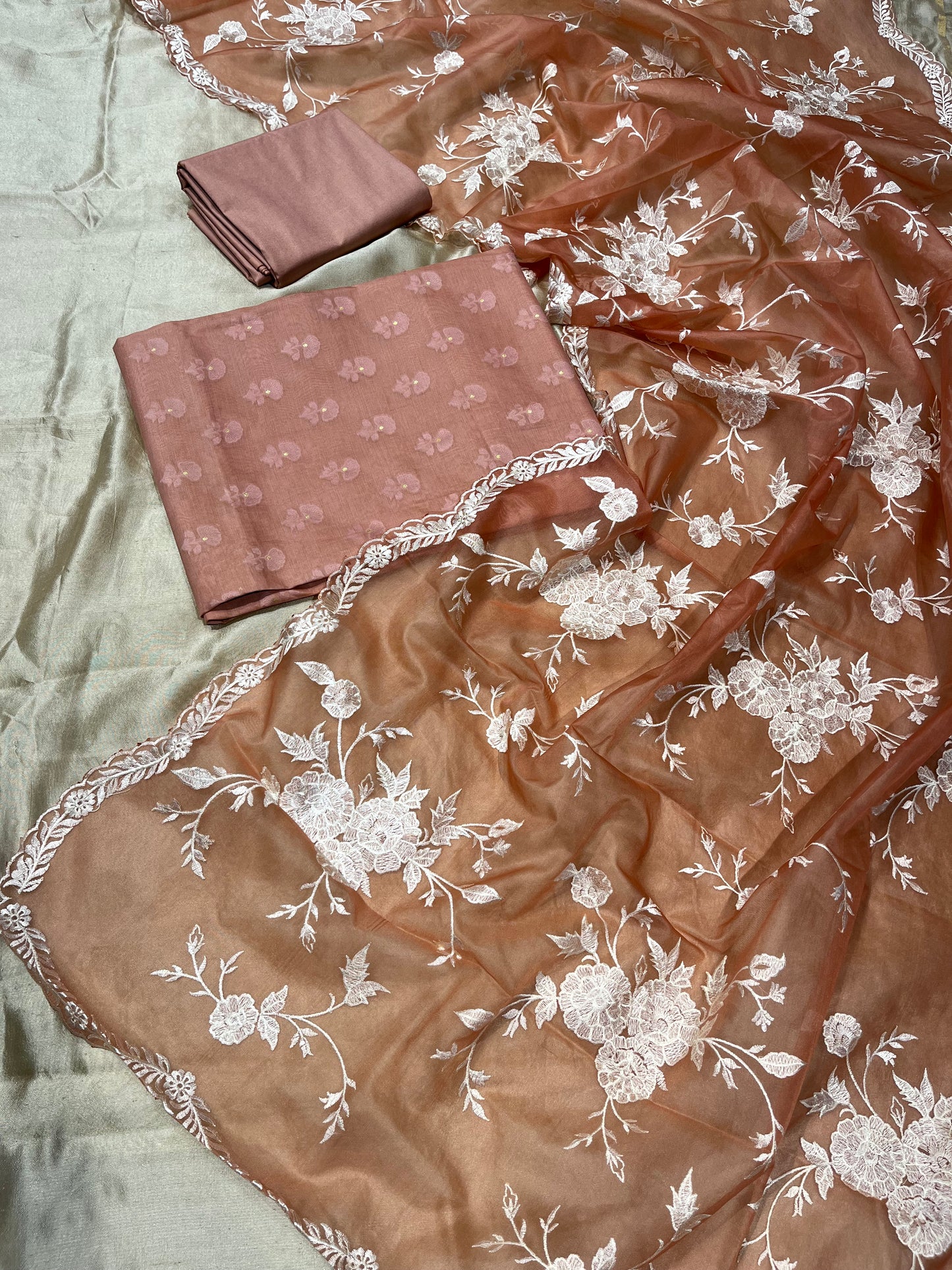 PEACH BLUSH COLOUR CHANDERI SILK UNSTITCHED SUIT WITH ORGANZA EMBROIDERED DUPATTA EMBELLISHED WITH RESHAM EMBROIDERY