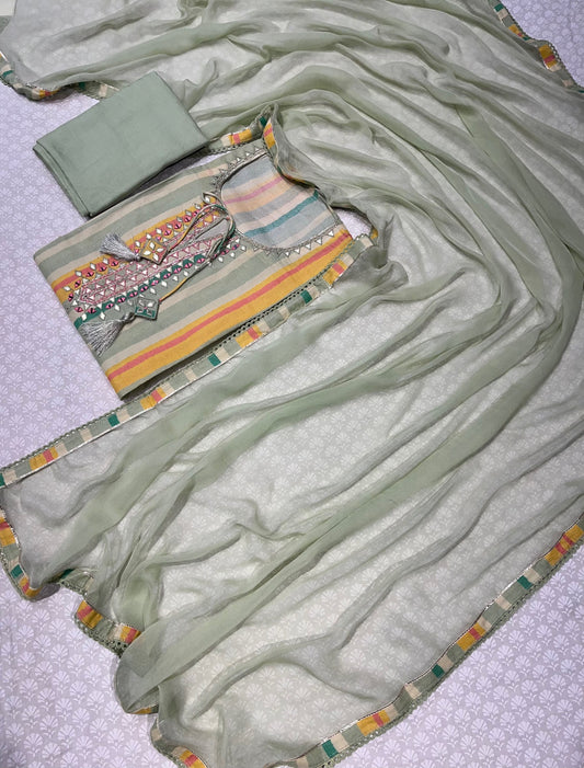 PISTA GREEN COLOUR COTTON STRIPED UNSTITCHED SUIT WITH CHIFFON DUPATTA