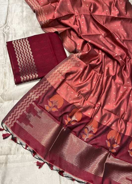 MAROON COLOUR CHANDERI UNSTITCHED SUIT WITH CONTRAST DUPATTA EMBELLISHED WITH ZARI WEAVES WITHOUT BOTTOM