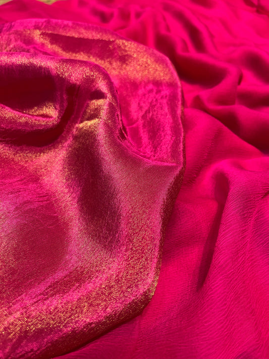 HOT PINK COLOUR CHIFFON SAREE WITH CREPE TISSUE UNSTITCHED BLOUSE - Kothari Sons