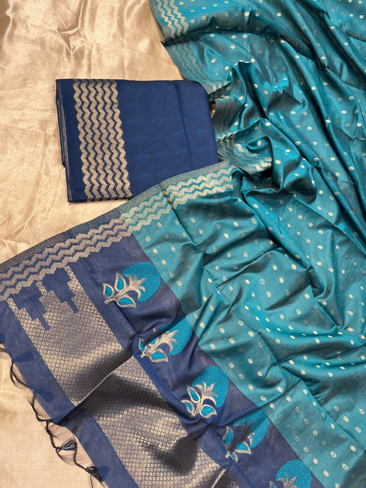 BLUE COLOUR CHANDERI UNSTITCHED SUIT WITH CONTRAST DUPATTA EMBELLISHED WITH ZARDOZI WORK WITHOUT BOTTOM