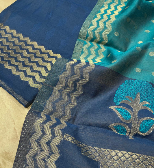 BLUE COLOUR CHANDERI UNSTITCHED SUIT WITH CONTRAST DUPATTA EMBELLISHED WITH ZARDOZI WORK WITHOUT BOTTOM