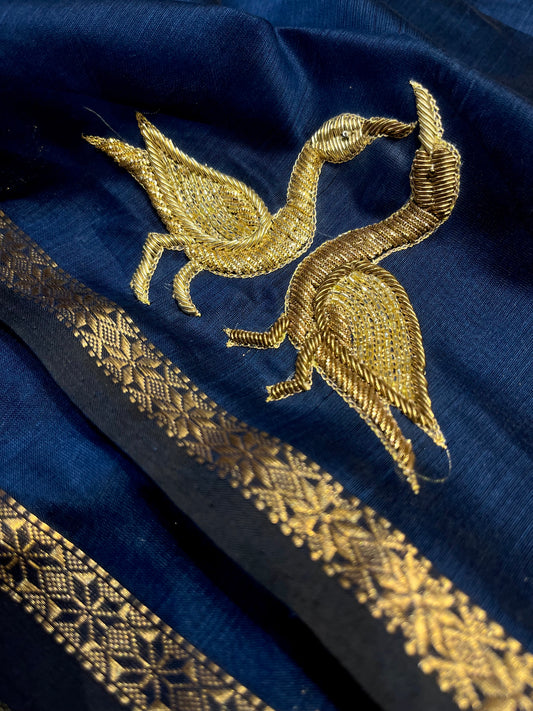 BLUE COLOUR MAHESHWARI HAND EMBROIDERED HANDLOOM SAREE EMBELLISHED WITH ZARDOZI WORK ( DELIVERY IN 25 DAYS ) - Kothari Sons