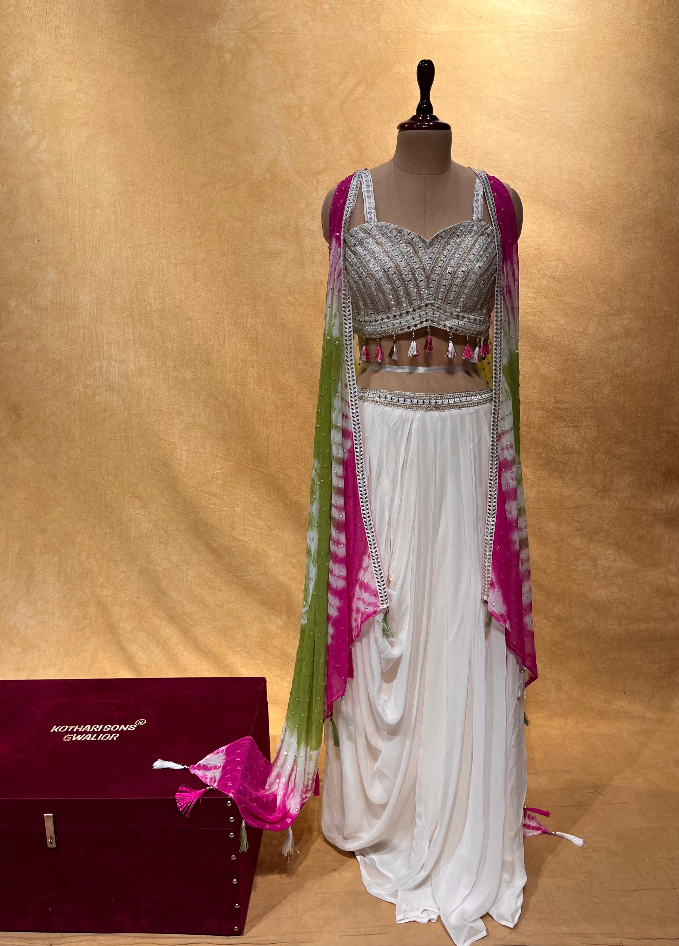 Pearl White Full Length Flared Maxi Dress With Shrug | Nirmok