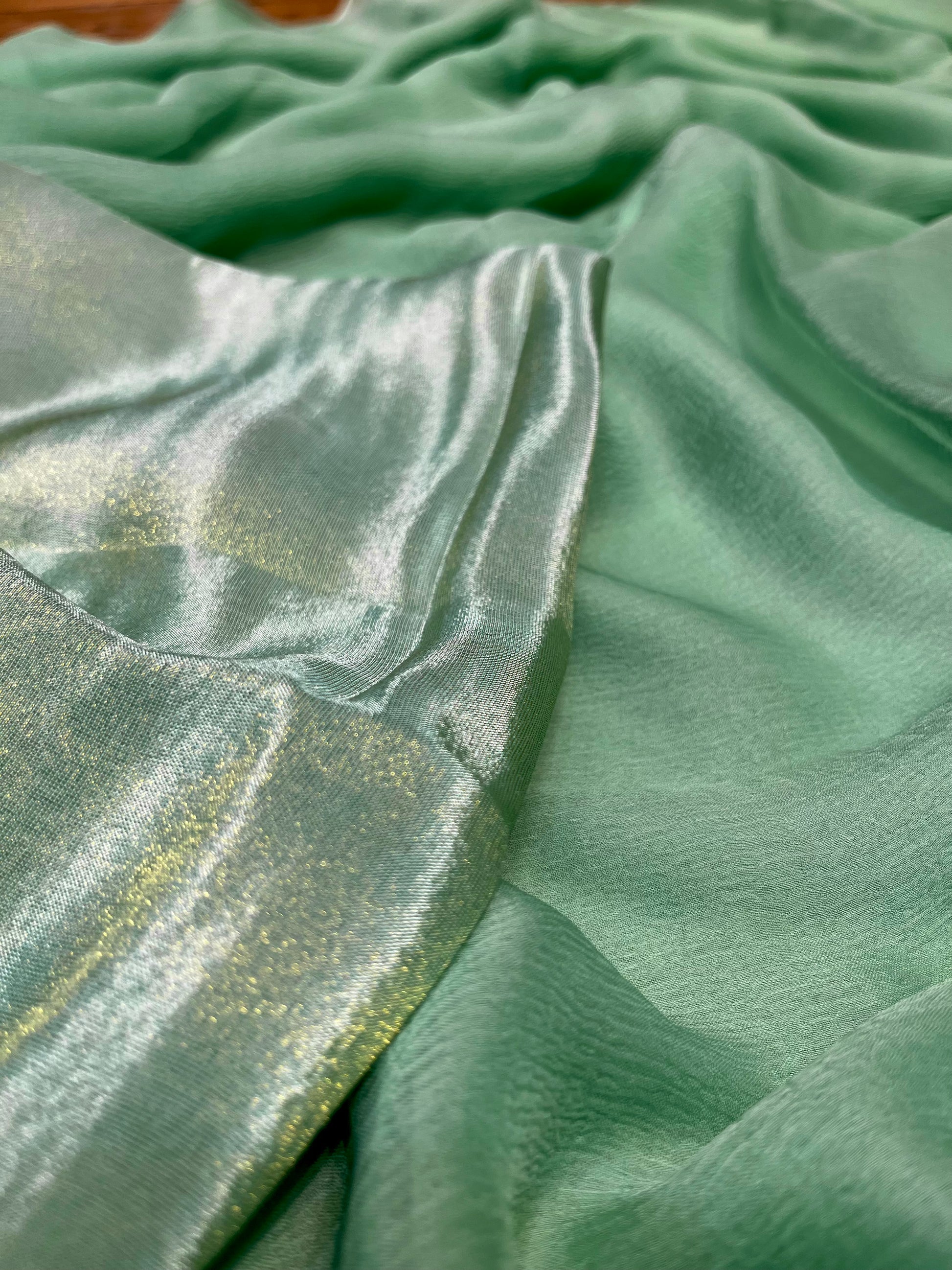 SEA GREEN COLOUR CHIFFON SAREE WITH CREPE TISSUE UNSTITCHED BLOUSE - Kothari Sons