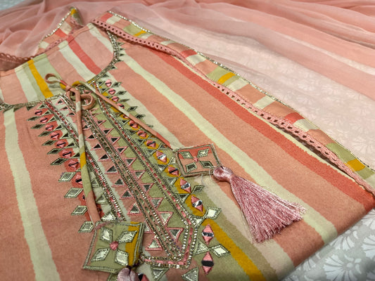 PEACH COLOUR COTTON STRIPED UNSTITCHED SUIT WITH CHIFFON DUPATTA