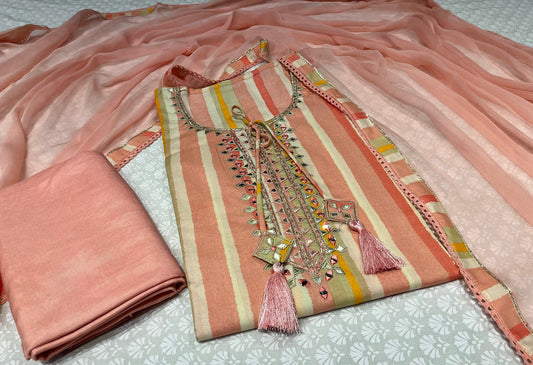 PEACH COLOUR COTTON STRIPED UNSTITCHED SUIT WITH CHIFFON DUPATTA