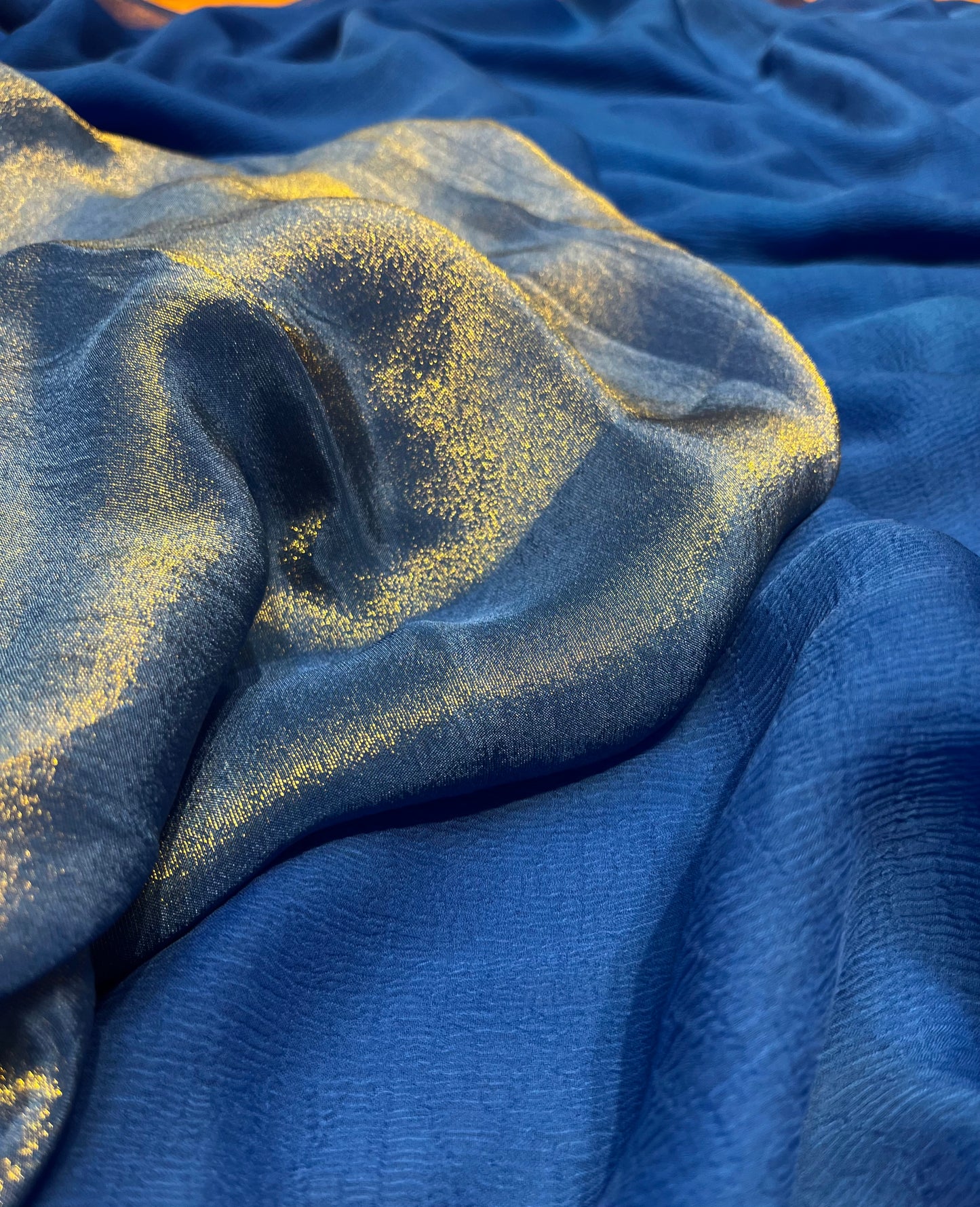 BLUE COLOUR CHIFFON SAREE WITH CREPE TISSUE UNSTITCHED BLOUSE - Kothari Sons